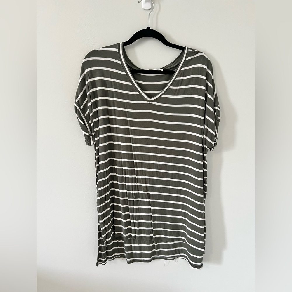 Zenana Outfitters Olive and White Striped V-Neck Short Sleeve Top
